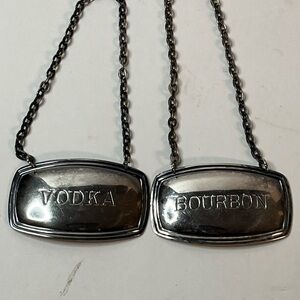 Silver plated made in England VODKA' and 'BOURBON' Bottle Neck Tags - Set of 2